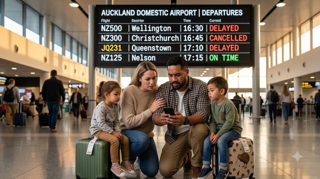 family dealing with flight delay - why domestic travel insurance New Zealand matters