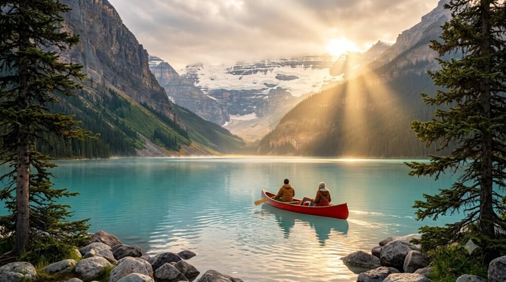 Lake Louise at sunrise with turquoise water and Victoria Glacier - Banff tour package from Toronto