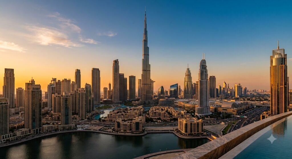Dubai skyline at sunset for holiday packages from Australia