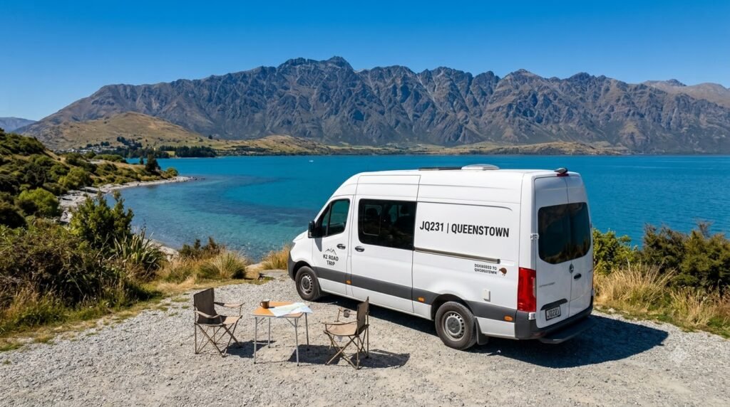 campervan parked by lake Queenstown - domestic travel insurance NZ cover