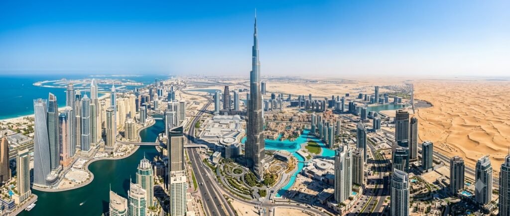 Dubai skyline, marina and desert landscape