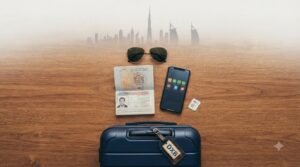 flat-lay of travel essentials — passport, phone, sunglasses, small suitcase