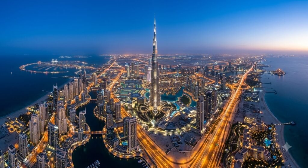 Dubai city lights and skyline at night