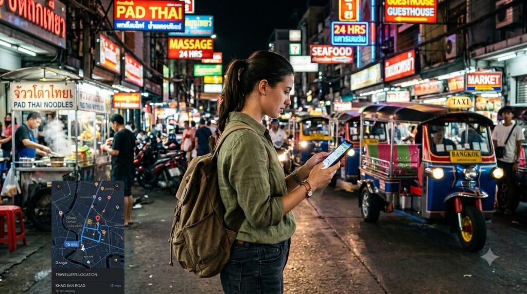 a traveller on a Bangkok street at night holding a phone with Google Maps open, neon signs and tuk-tuks behind]