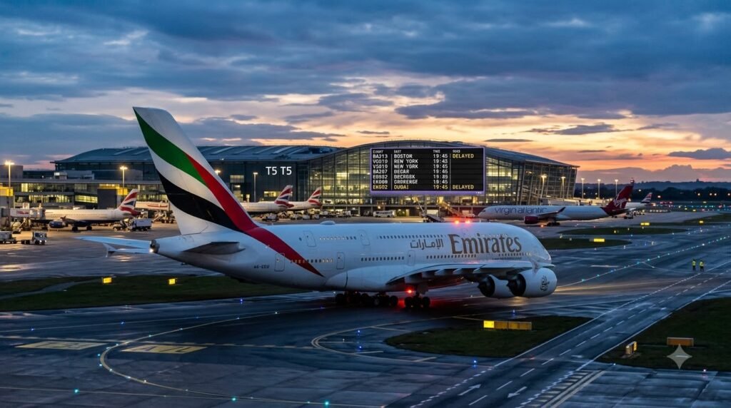 an Emirates A380 on the runway at Heathrow at dusk, departure board showing DELAYED in the background]