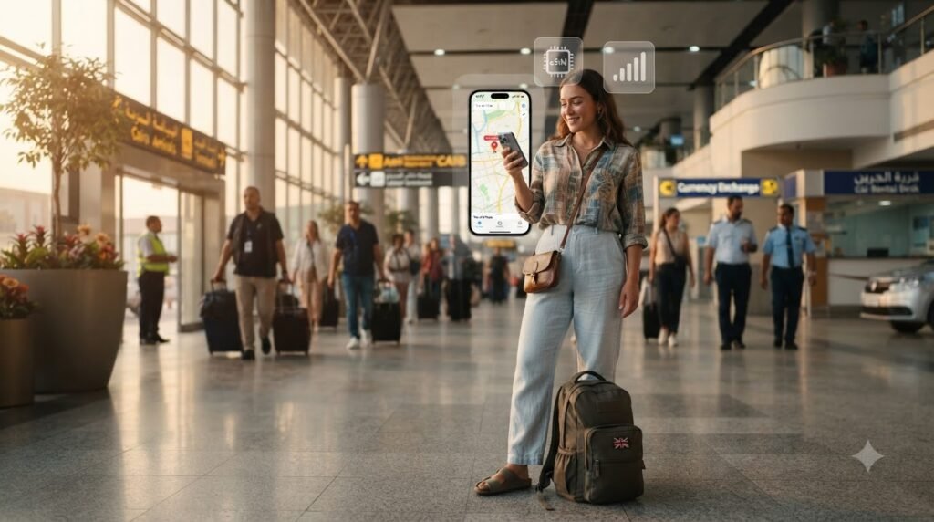 UK traveller using an Egypt eSIM on a smartphone at Cairo airport with strong mobile signal