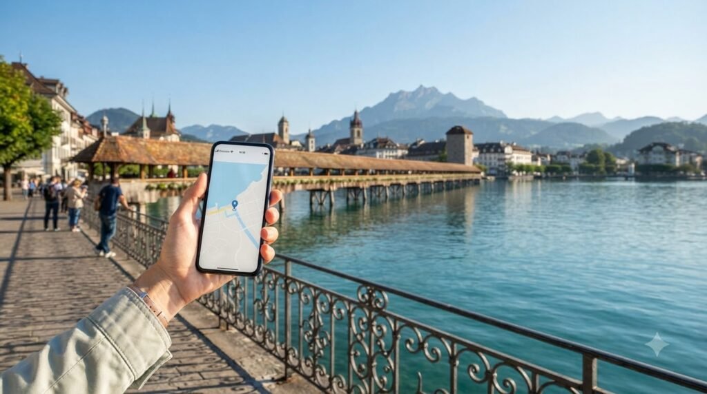 Lake Lucerne and Chapel Bridge with a smartphone in Switzerland