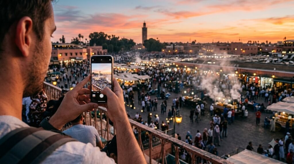 Tourist using eSIM Maroc data in Marrakech