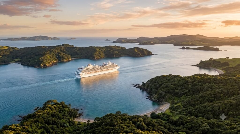 Cruise ship sailing past Bay of Islands headlands in New Zealand