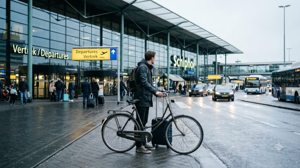 Traveller with suitcase and bicycle at Amsterdam Schiphol Airport preparing for a trip from the Netherlands
