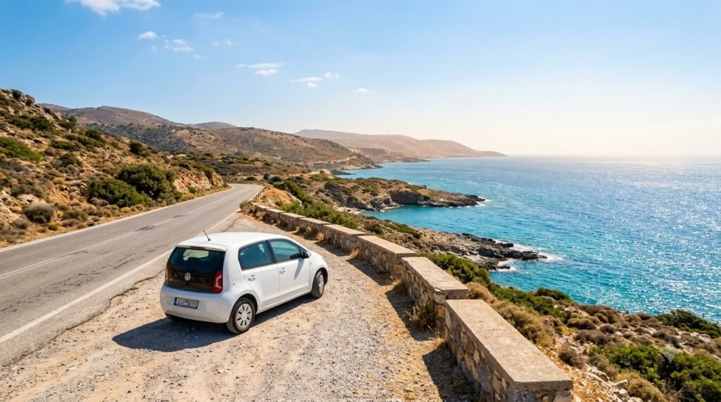Small white hire car parked on a scenic coastal road in Crete with the turquoise Mediterranean Sea in the background.