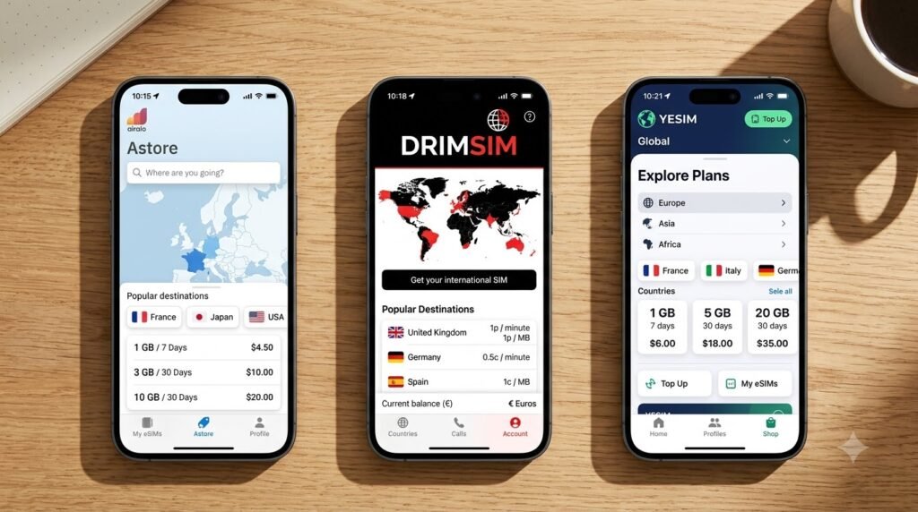 side-by-side phone screens showing the Airalo, Drimsim and Yesim apps