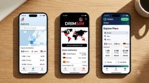 side-by-side phone screens showing the Airalo, Drimsim and Yesim apps