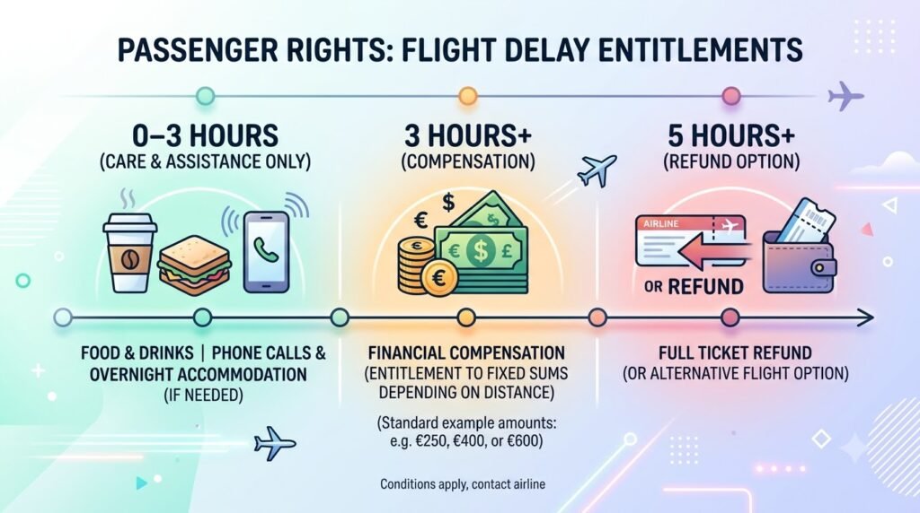 simple timeline graphic: 0–3 hours (care and assistance only), 3 hours+ (compensation), 5 hours+ (refund option