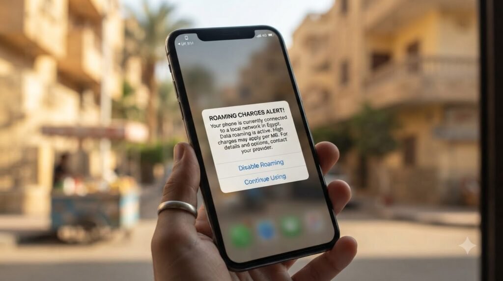 Smartphone showing a roaming warning message while using a UK mobile in Egypt