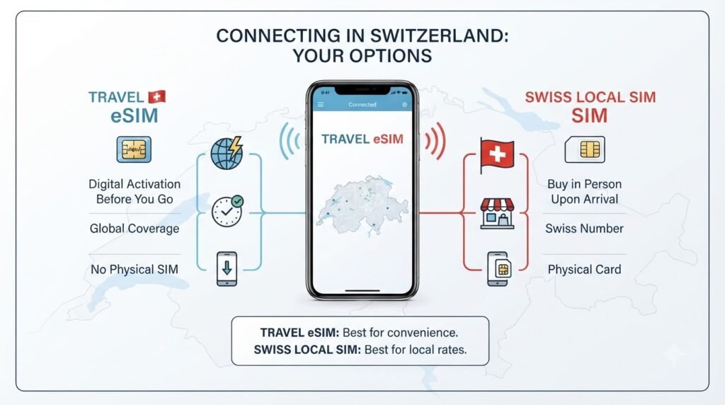 Travel eSIM and Swiss operator eSIM comparison infographic