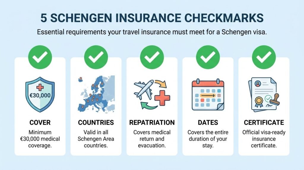 Simple infographic of the five Schengen insurance checkmarks 