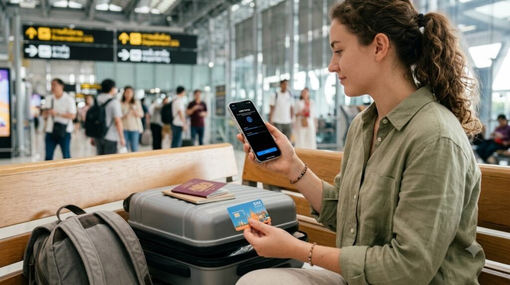 Traveller comparing a Thailand eSIM with a physical Thai tourist SIM
