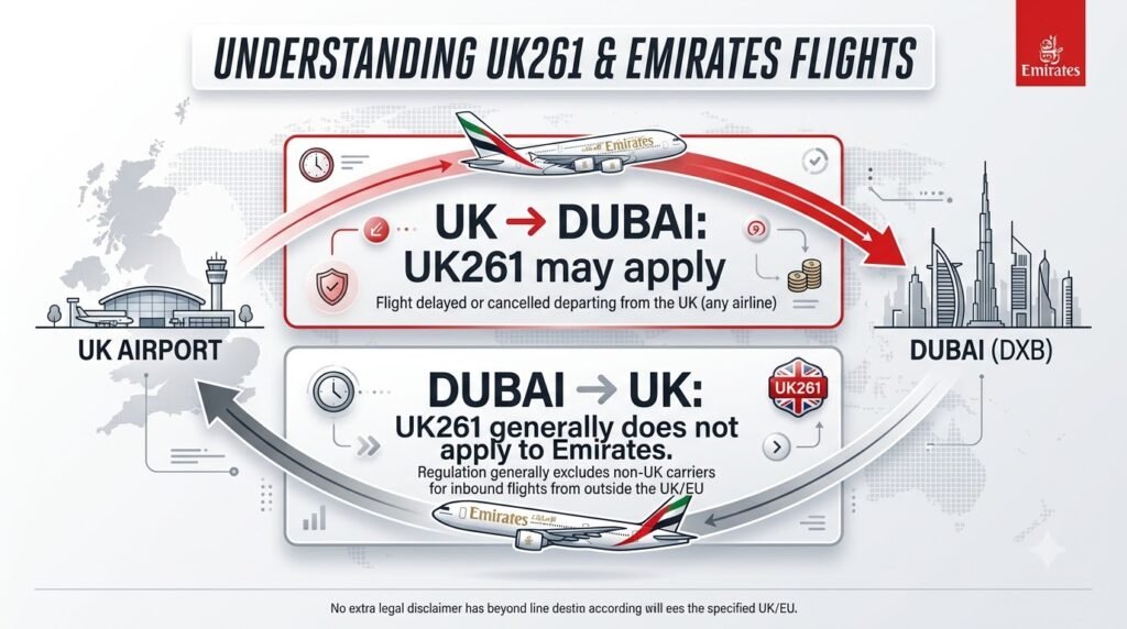Infographic showing UK261 coverage for Emirates flights between the UK and Dubai