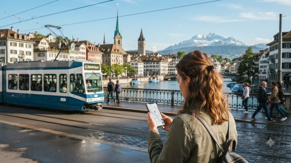 Tourist using a smartphone in Zurich with Swiss Alps in the background
