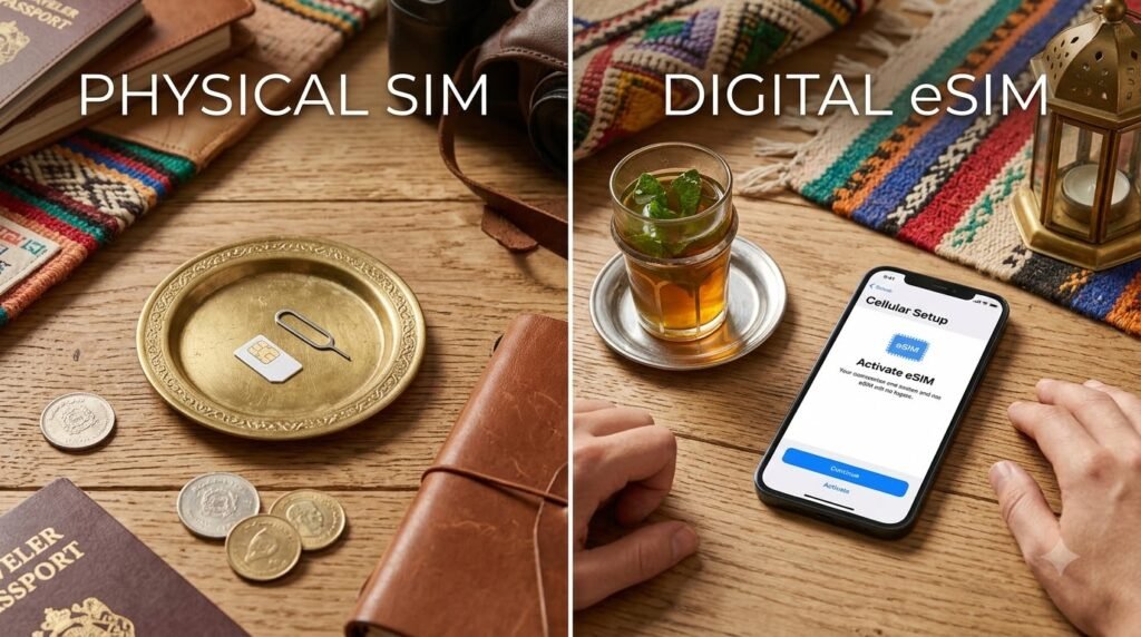 Comparison of a physical SIM card and a digital eSIM