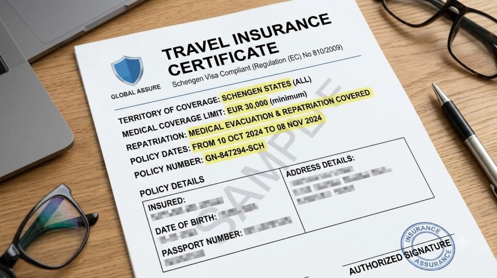 Sample of a Schengen insurance certificate with key fields highlighted