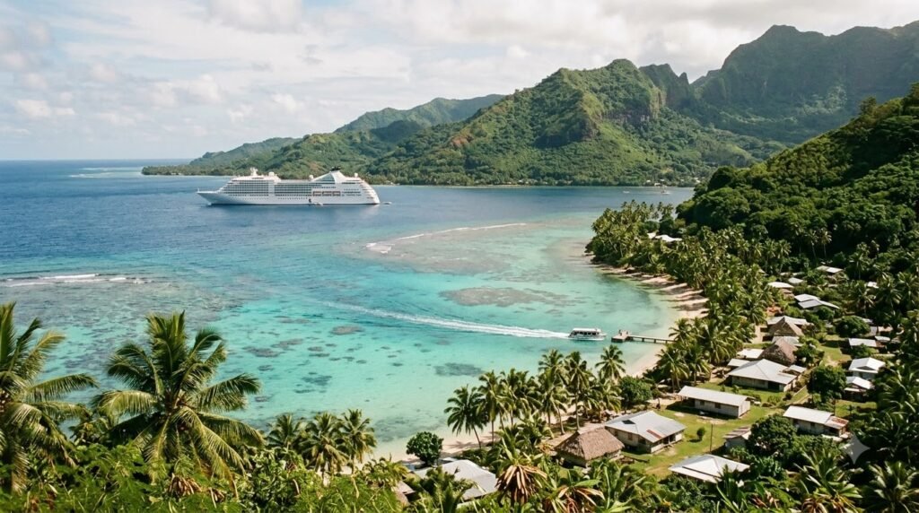 Cruise ship and passenger tender near a South Pacific island.