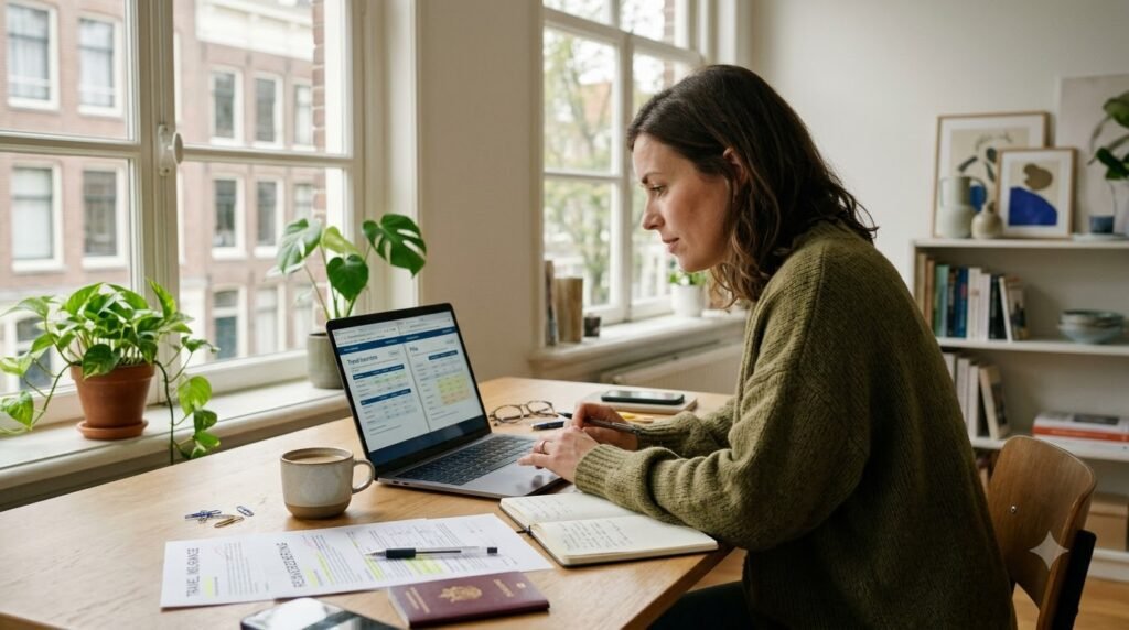 Person comparing travel insurance Netherlands policies and coverage options on a laptop at home