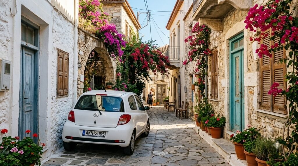 Compact white rental car parked neatly in a narrow traditional Cretan village street with whitewashed walls.