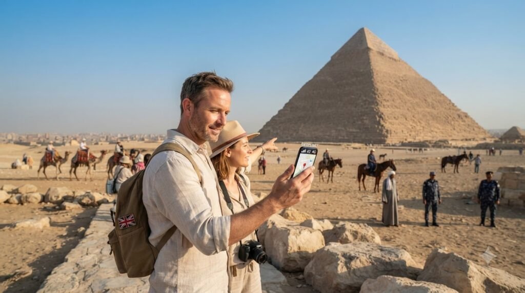 UK tourist using a smartphone near the Giza pyramids with mobile network coverage