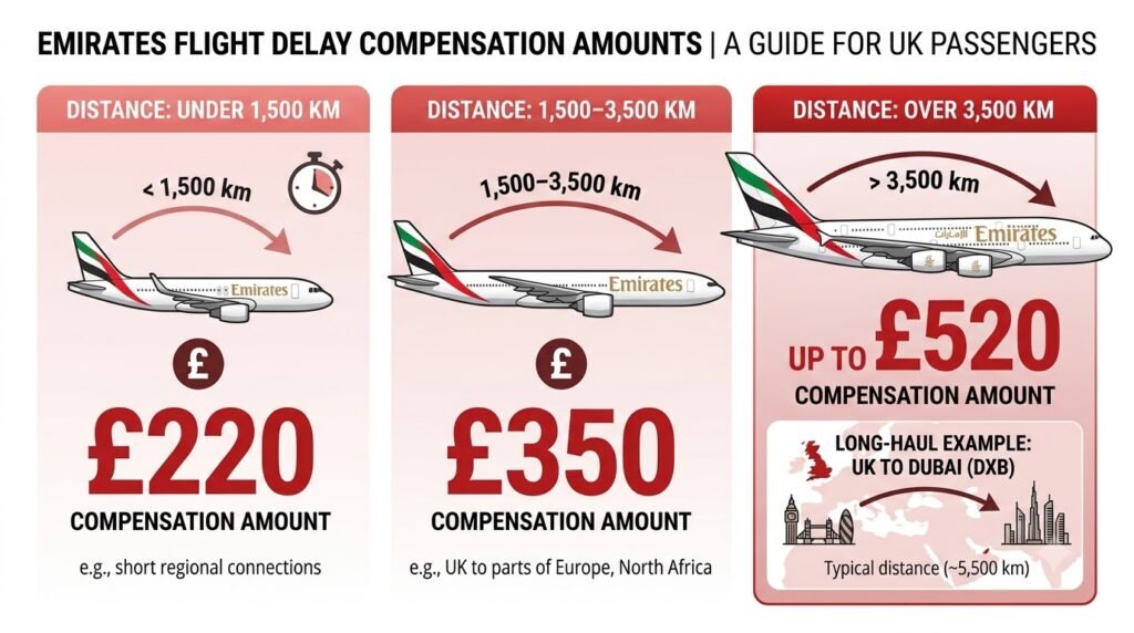 Emirates flight delay compensation amounts by flight distance for UK passengers
