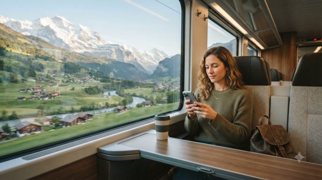 Solo traveller using a smartphone on a Swiss train