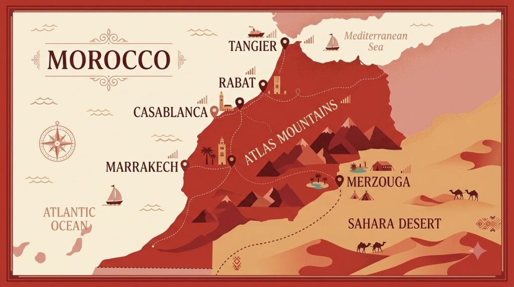 Map of Morocco showing major cities and travel regions