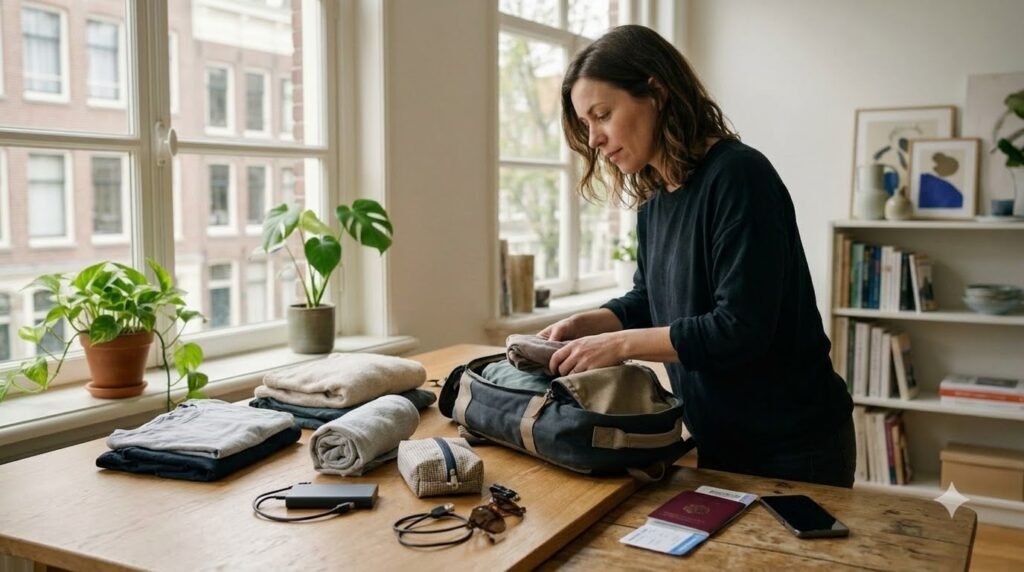 Budget traveller packing a backpack with passport and boarding pass before a European trip from the Netherlands