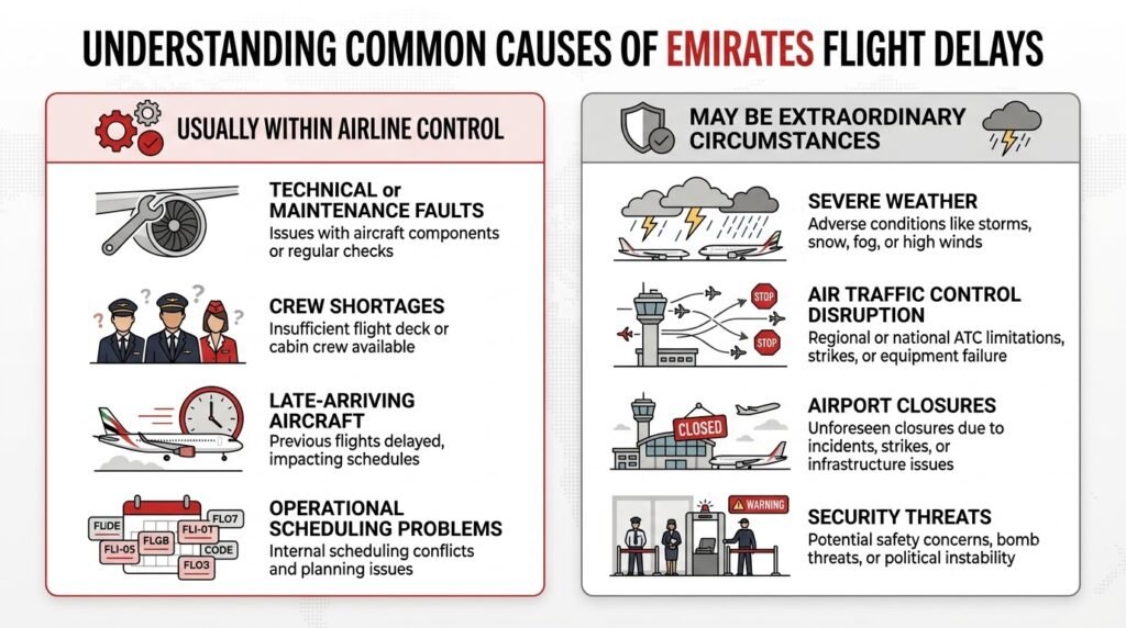 Infographic comparing Emirates flight delays caused by airline issues and extraordinary circumstances