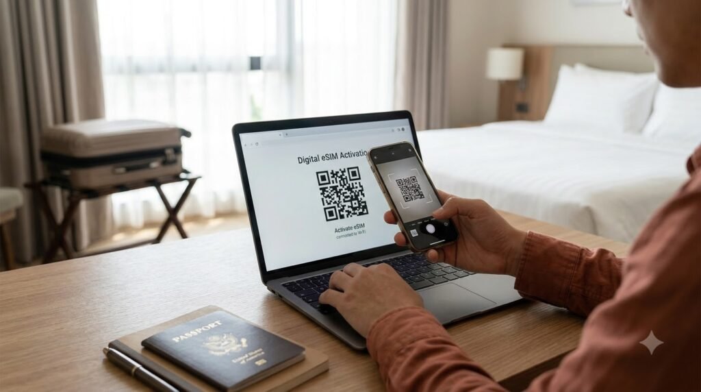 Traveler scanning an eSIM QR code during setup