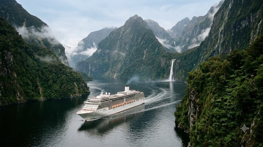 Cruise ship sailing through Milford Sound, New Zealand.