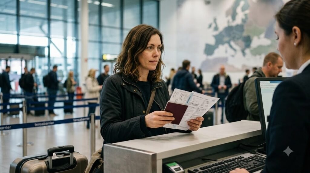 Traveller holding passport and Schengen visa documents while checking travel insurance with €30,000 medical coverage
