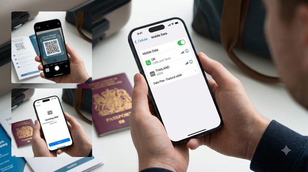 Smartphone showing the steps to install and activate a Thailand travel eSIM