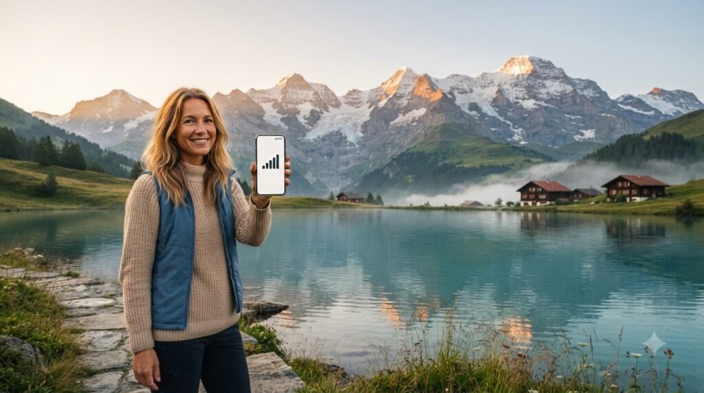 Tourist using a smartphone beside a Swiss lake and Alps