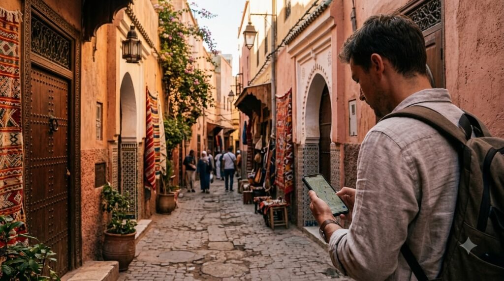 Traveler using mobile maps in a Moroccan medina