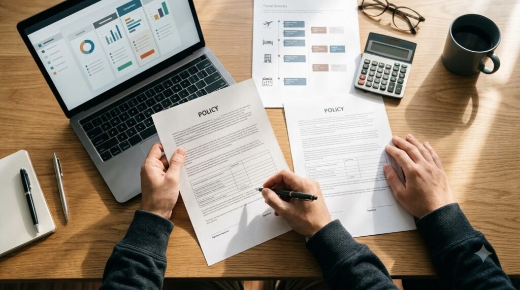 Traveller comparing insurance policies and trip details