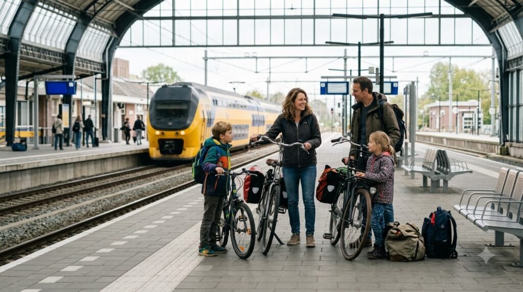 Dutch family with children, bicycles, and luggage waiting on a train platform before a family holiday