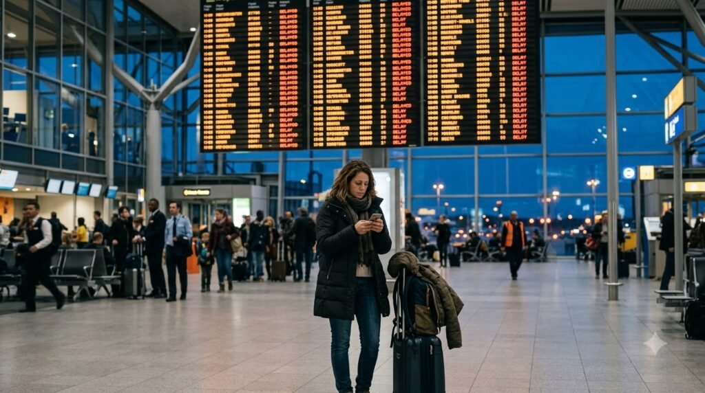 Traveller checking a delayed flight on a smartphone at an airport departure board in the Netherlands