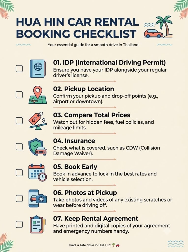 Checklist infographic for booking a car rental in Hua Hin, including IDP, insurance, price comparison, and pickup photos
