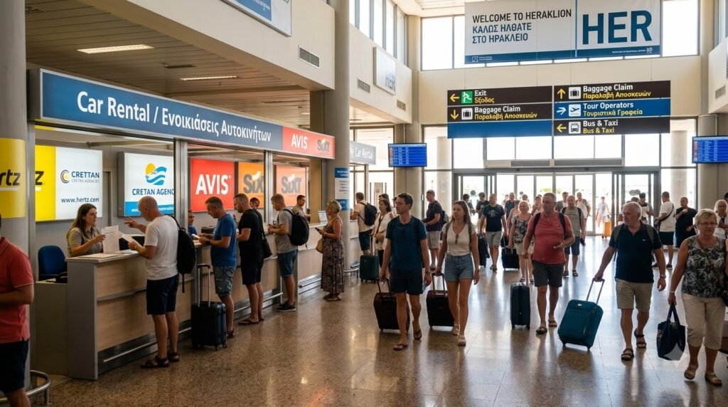 Busy arrivals hall at Heraklion Airport with car rental company signs and desks.