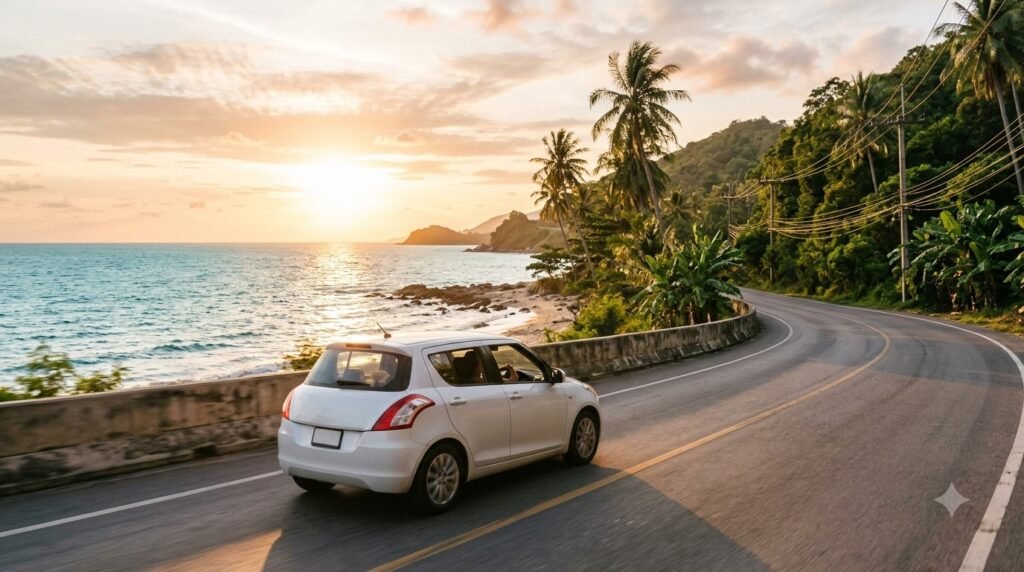 Car rental Koh Samui – white hatchback on the coastal ring road at sunset