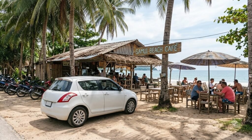 Economy car rental Koh Samui parked outside a beach café