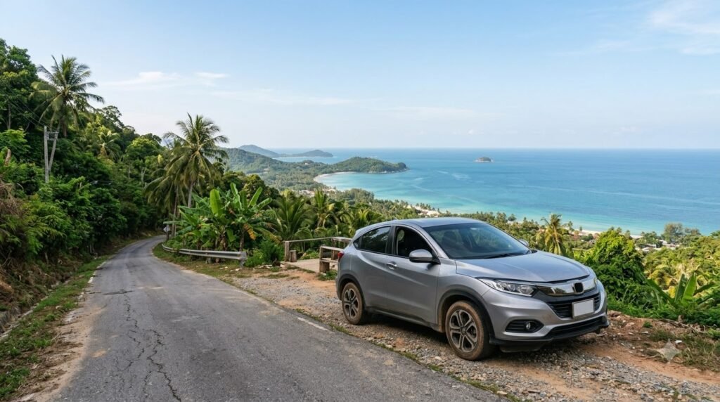 SUV rental Koh Samui on a hillside road with sea view