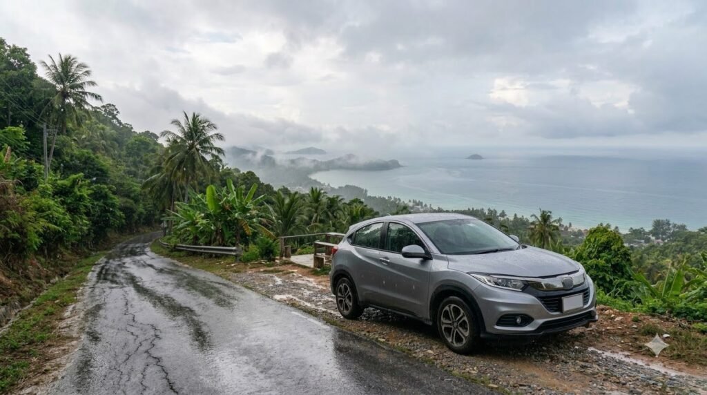 Koh Samui hillside road after rain – low season car rental